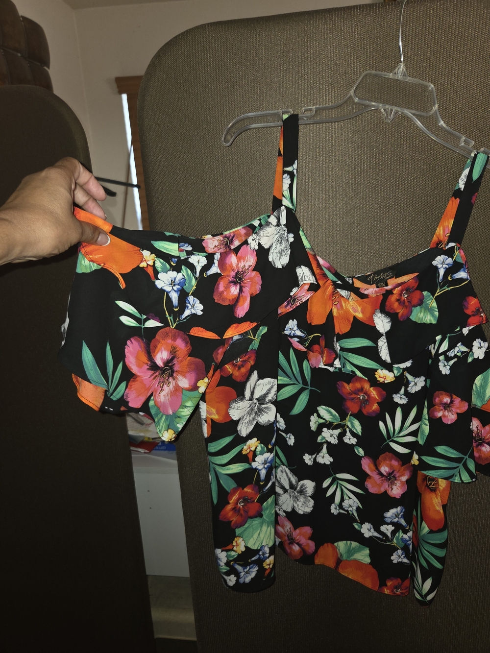 Thalia Sodi Black Tropical Floral Cold-Shoulder Top